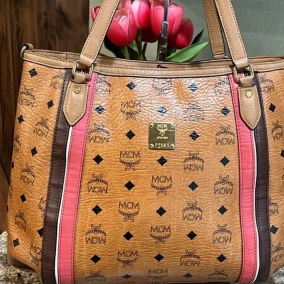 MCM 🎁EUC Visetos Striped Tote Cognac Tote Bag - Picture 3 of 11